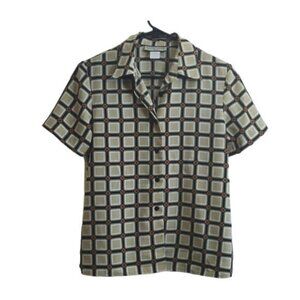 Notations Tan Black Square Button Down Blouse Size Small EUC #6292